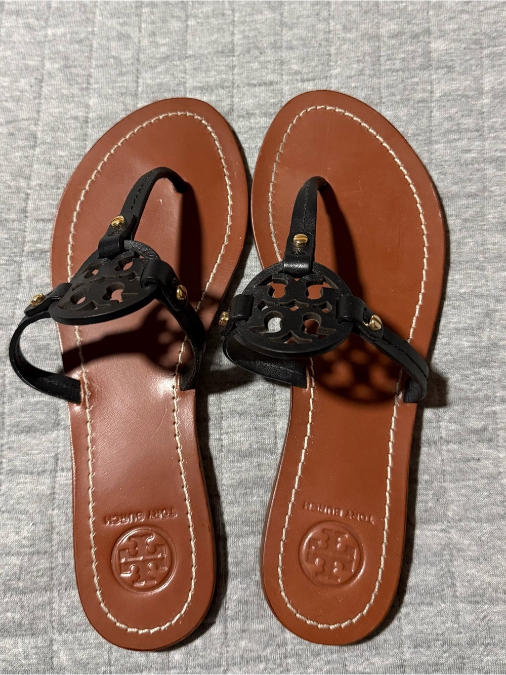 Tory Burch Black and Brown Logo Thong Sandals